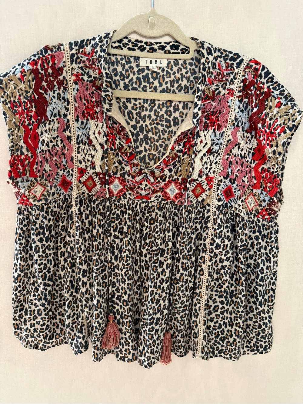 Leopard Print Embroidered Peasant Blouse Large Boho Tassel Cheetah Top